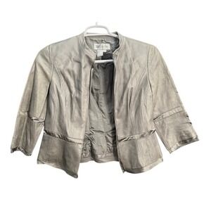 WORTH Genuine Leather Jacket Womens Size 8 Silver Metallic Cropped Collarless